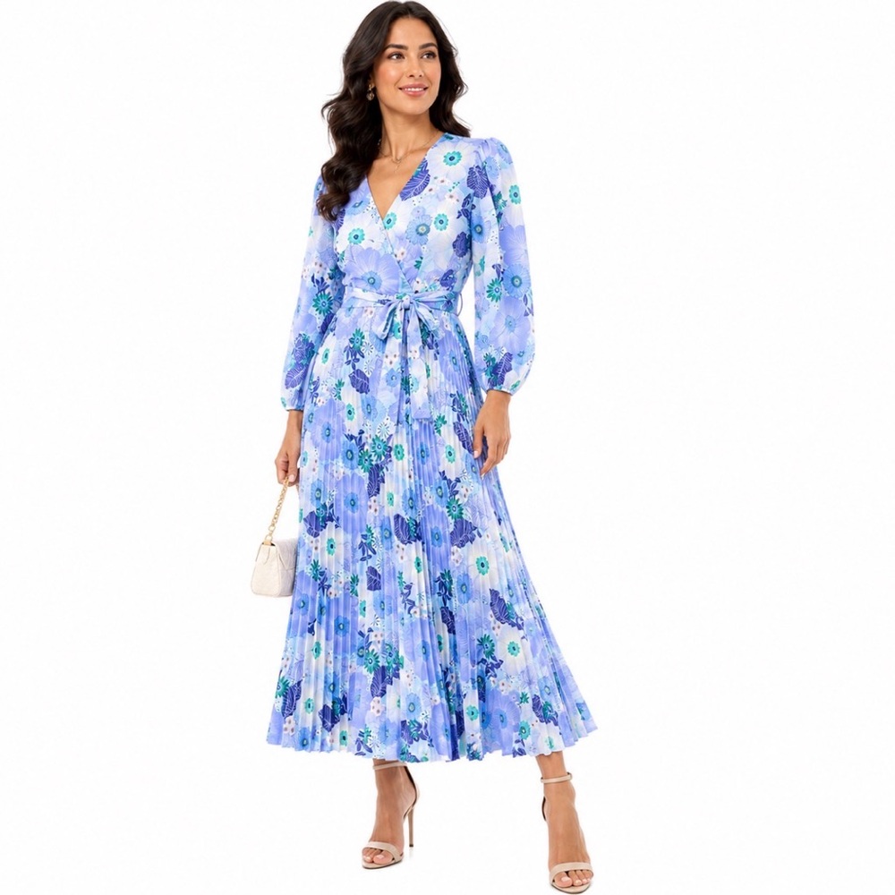 Maison Tara, Pleated Faux Wrap Floral Maxi Dress, Size 10 EUC